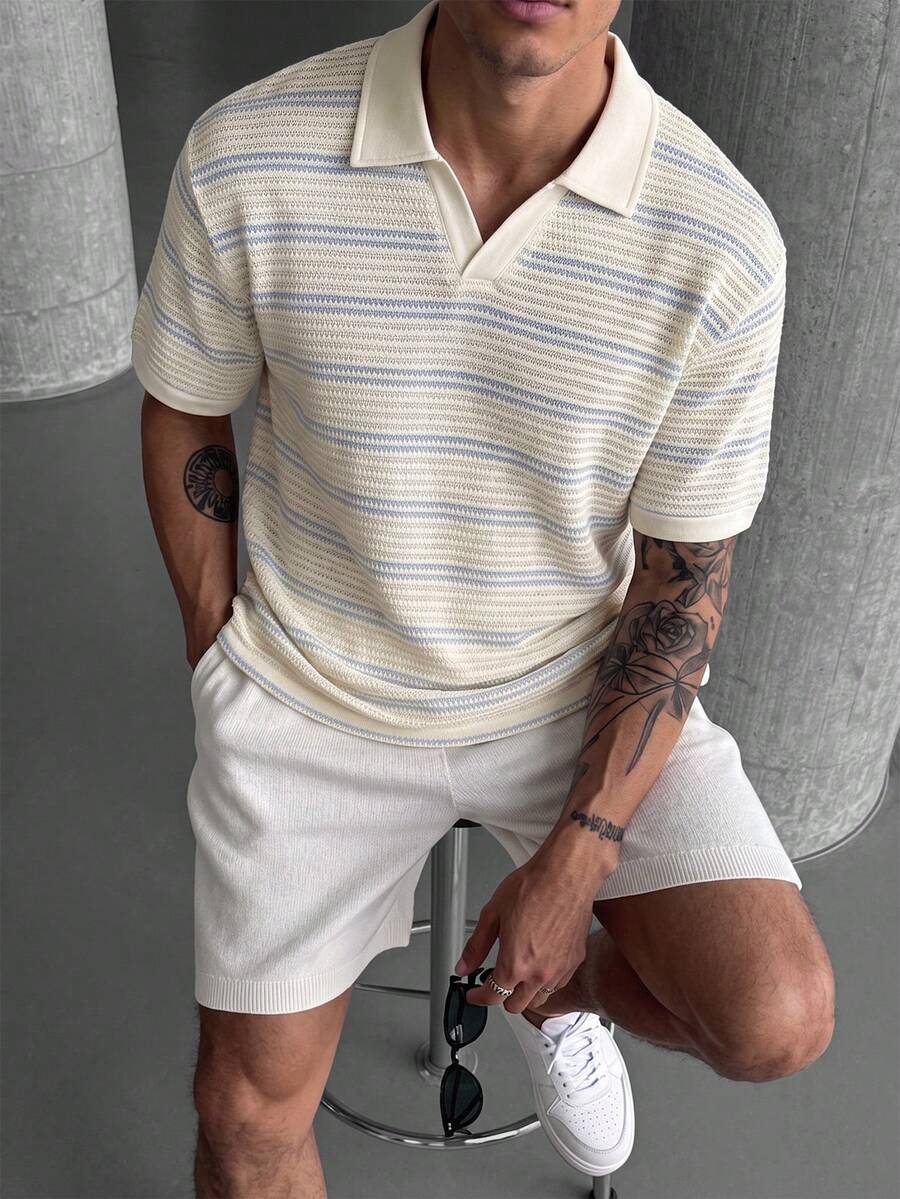 Manfinity CasualCool Camisa polo de manga corta para hombre talla grande, de punto con textura de malla a rayas azules y blancas, de punto de ganchillo - Multicolor - Ver 1