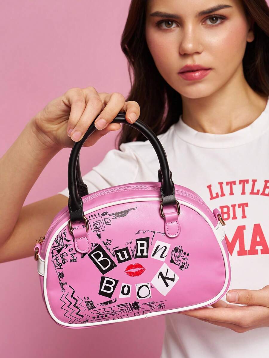 Mean Girls | SHEIN 1 Piece Cartoon Pattern Printed Pu Leather Sports And Leisure Style Handbag With Adjustable Long Shoulder Strap, Suitable For Women And Students, Suitable For Commuting, Shopping, Travel, Burning Books - powder - View 1