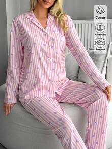 SHEIN Women 2 Pcs Pink Button Front With Striped&Heart Pattern Homewear Cute Pajama Set - Pink - View 1
