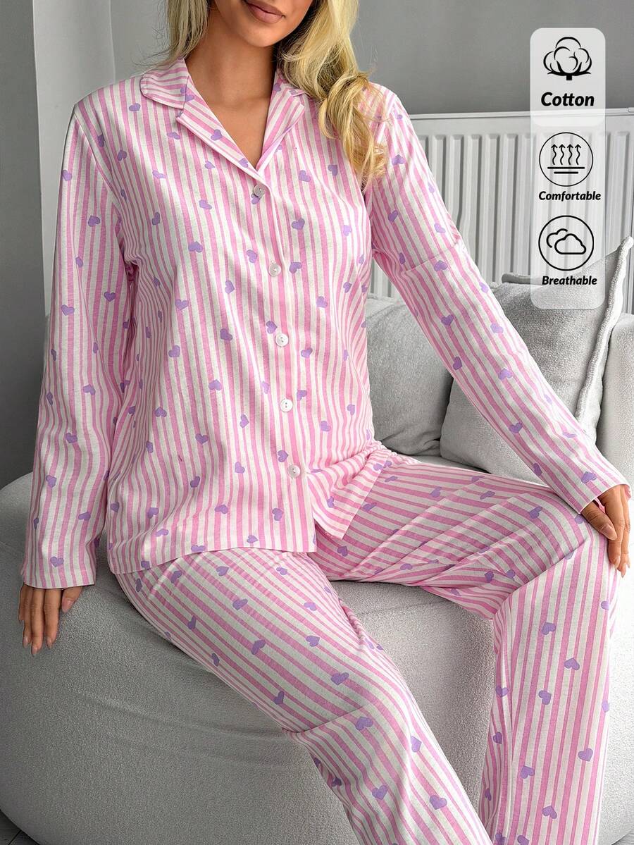 SHEIN Women 2 Pcs Pink Button Front With Striped&Heart Pattern Homewear Cute Pajama Set - Pink - View 1