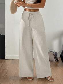 SHEIN Tall CURVE Damen Große Größen einfarbige Leinen Kordelzug Weites Bein Taschen Strukturierte Lässig Hose, Vintage Stil Locker Sitzende Leinen Hose, Sommer Strand Urlaub Hose, Cargohose - Aprikosenfarben - Übersicht 7