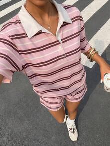 Muchica 女款多色條紋針織短袖 Polo 衫與配套短褲休閒兩件套 - 彩色 - 查看 5