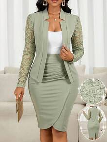 SHEIN Lady 2件套女士薄荷绿蕾丝拼接长袖上衣和半裙套装，适合秋冬季穿着 - 薄荷綠 - 查看 1