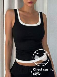 DAZY Women's Colorblock Patchwork 2 In 1 Padded Tank Top Camisole - Black - View 1
