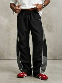 PAVTROS Men's Fashion Loose Drawstring Waist Pants, Side Contrast Color Design. Men's Wide Leg Pants - Black - View 3
