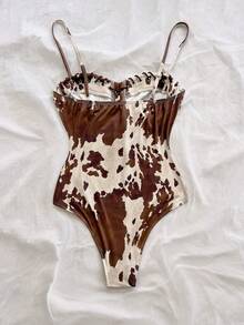 Soleia (No Chest Padding)Plus Size Cow Print Drawstring Lace-Up Cami Bodysuit - Multicolor - View 2