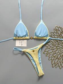 Swim Mod Damen Bikini-Badeanzug-Set aus 2 Teilen für Frühling/Sommer, neu, aus Spezialstoff mit Metalldekor, V-Ausschnitt, Neckholder, rückenfrei, Dreiecksform und Nieten - Gelb - Übersicht 2