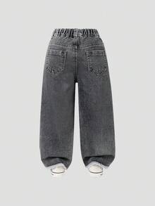Denimly 青少年女孩拼接破洞直筒牛仔褲，休閒牛仔時尚校園風淺洗藍色高腰彈性腰頭夏季款 - 深灰色 - 查看 3