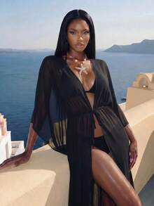 Swim Vcay Kimono Cover Up With Removable Waist Belt - Black - View 3