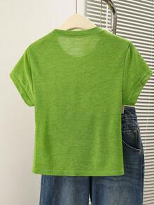Resyla Women's Textured Solid Color Round Neck Fashion Versatile Casual Top Everyday School Lime Green Summer - Green - View 3