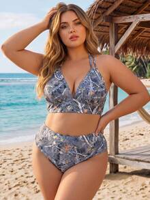 SHEIN CURVE+ 大尺碼夏季度假枝條印花比基尼套裝 - 彩色 - 查看 6