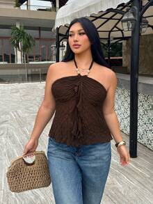 Firerie Top sexy de talla grande con espalda descubierta y cuello halter para vacaciones - Café integral - Ver 6