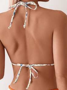 Swim Vcay Setelan Baju Renang Dua Potong Wanita Motif Bunga Musim Panas untuk Pantai, Model Halter Tie Seksi dengan Bawahan Segitiga - Aprikot - View 4