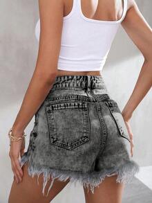 SHEIN ICON 女款休閒百搭牛仔短褲，附口袋、鈕扣與毛邊下擺，適合日常穿著 - 灰色 - 查看 2