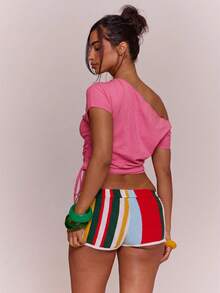 MUSERA Onee Shoulder Ruched Tshirt Cinched Waist Spring Summer Vacation Holiday Ibiza Boho Elegant Casual Carnival Festival - Pink - View 4