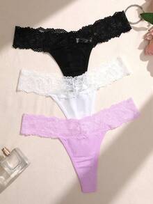 SHEIN 3件/組蕾絲拼接無痕內褲 - 彩色 - 查看 1