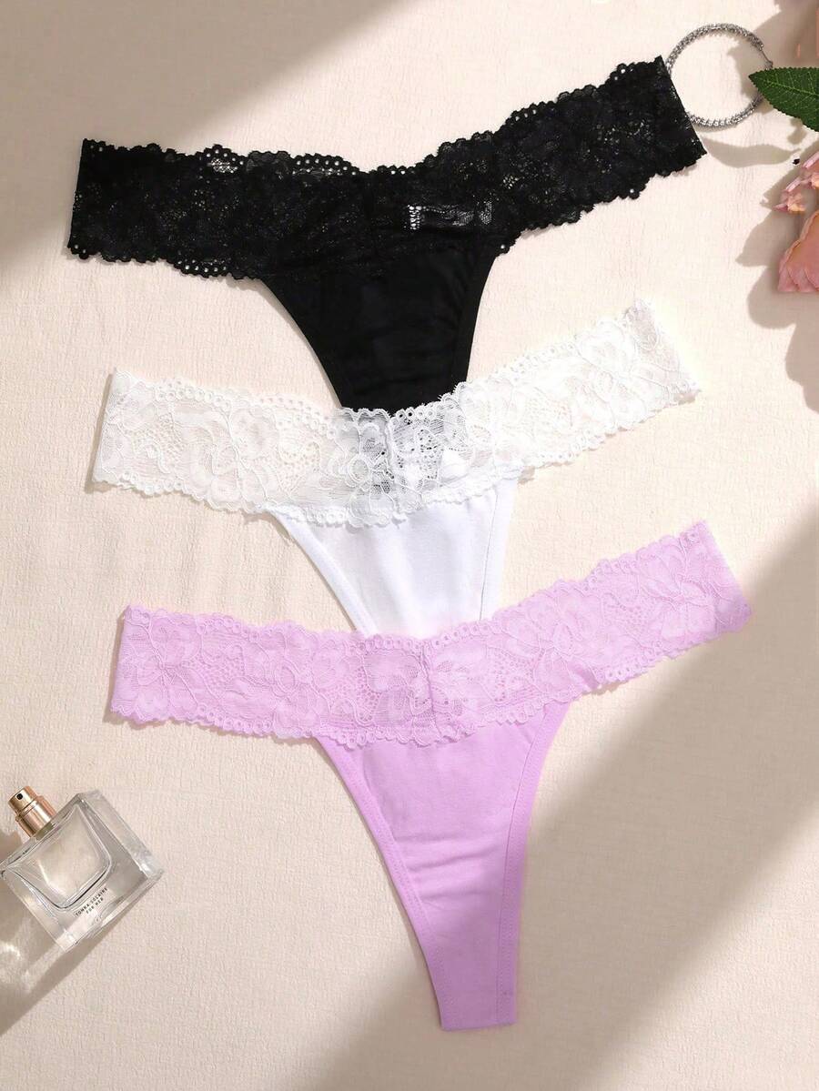 SHEIN 3件/組蕾絲拼接無痕內褲 - 彩色 - 查看 1