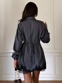 Siren Gaze Ensemble 2 pièces décontracté pour femme avec top à manches longues à rayures simple boutonnage et short avec bordure en dentelle pour le quotidien - Multicolore - Voir 14
