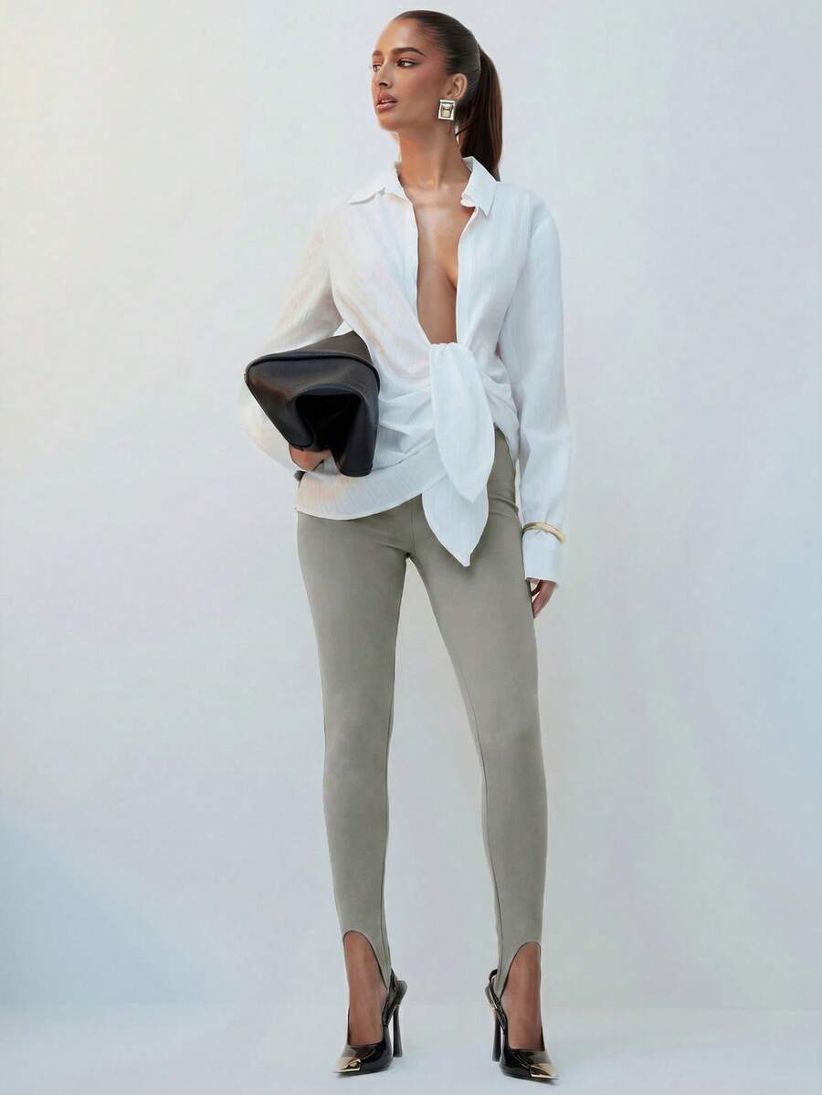 Hauture High-Waisted Stirrup Leggings In Nylon Blend Date Everyday Going Out Work Sage Green Summer Casual Basic Beach - Grey - View 1