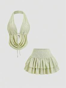 Sweetra Women's Embroidered Ruffle Neck Halter Top And Skirt Fashion 2 Pieces Set - Green - View 1