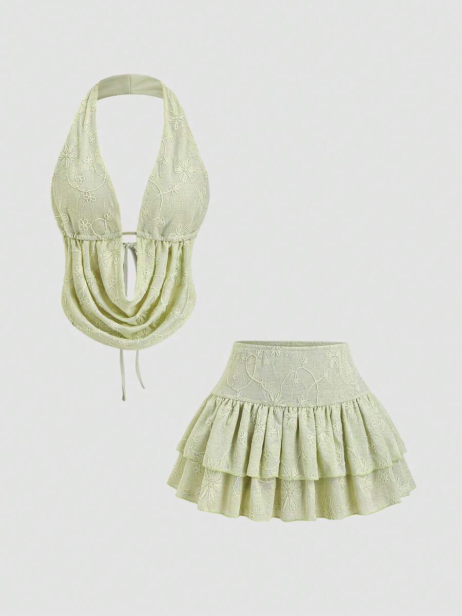 Sweetra Women's Embroidered Ruffle Neck Halter Top And Skirt Fashion 2 Pieces Set - Green - View 1
