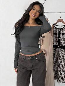 Black Off-Shoulder Fitted Casual Long Sleeve Basic Base Layer T-Shirt - Dark Grey - View 3