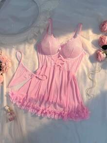 Crystal Vow Conjunto de lencería de 2 piezas con patchwork de encaje talla grande - Rosa - Ver 3