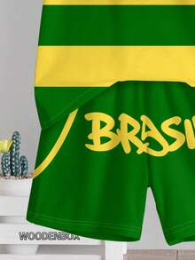 Young Boy Casual Minimalist T-Shirt Set, Classic Sports Style Striped Pattern Print, Brazil Color Striped Pattern Print, Brazil Flag Pattern Print, Brazil Text Pattern Print, Sports Football Brazil Pattern Print, Suitable For Spring/Summer, Suitable For Sports - Multicolor - View 4