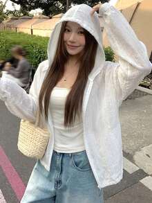 DAZY Women's Hooded Long Sleeve Loose Textured Fabric Lace Patchwork Casual Vacation Style Regular Jacket - White - View 5
