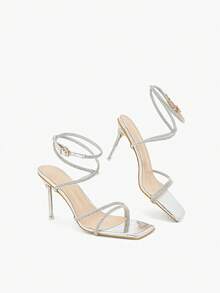 Glitzique Sandales à talons hauts avec bride à la cheville, décoration de strass et embossage en métal doré, mode femme. Convient pour les soirées d'été et les boîtes de nuit, talons aiguilles - Argent - Voir 4