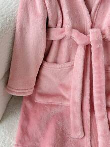 SHEIN 女童返校服裝 素色保暖內裡加厚毛絨連帽長袖綁帶家居服浴袍睡衣 秋冬套裝 - 粉色 - 查看 9