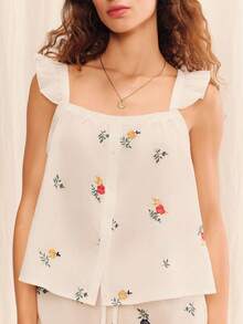 lacRébo White Floral Embroidered Cotton Pyjama Set Summer White Cotton Homewear Set - White - View 4