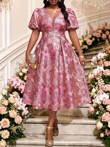 Fleurora Vestido de fiesta elegante de jacquard para tallas grandes - Rosa Fucsia - Ver 1