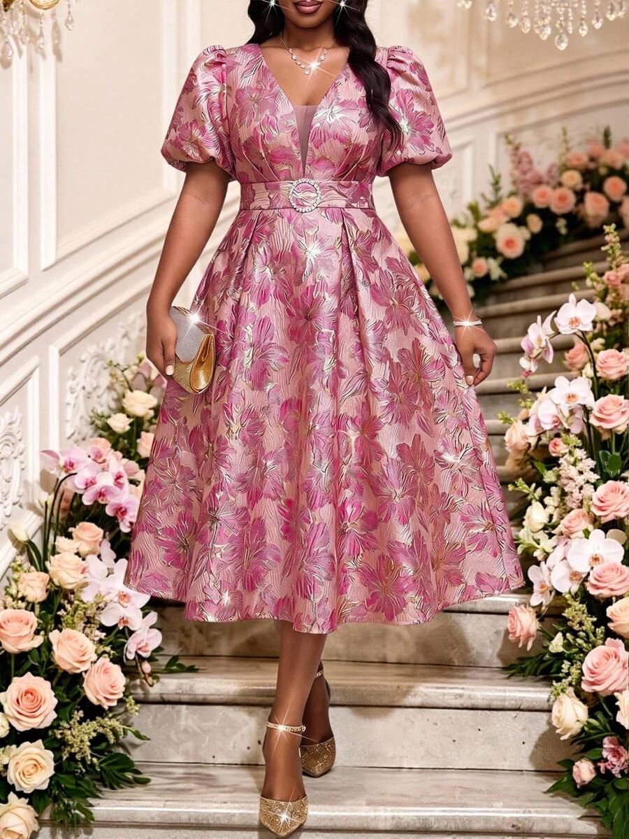 Fleurora Vestido de fiesta elegante de jacquard para tallas grandes - Rosa Fucsia - Ver 1