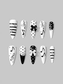 ROMWE Anime 10 Cute Style Note Polka Dot Handmade Fake Nails + 3 Double-Sided Tape, French Reusable Long Almond-Shaped Press-On Nails, Suitable For Daily Wear. - Multicolor - View 1