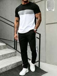 Manfinity Homme Men's Letter Print Contrast Color Short Sleeve T-Shirt And Pocket Drawstring Waist Pants Set, Holiday - Multicolor - View 1