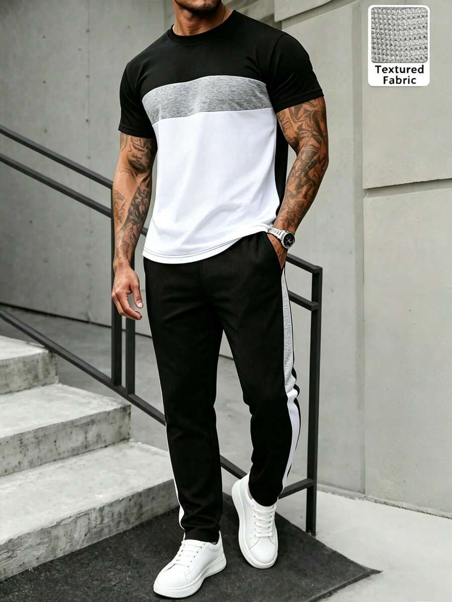 Manfinity Homme Men's Letter Print Contrast Color Short Sleeve T-Shirt And Pocket Drawstring Waist Pants Set, Holiday - Multicolor - View 1