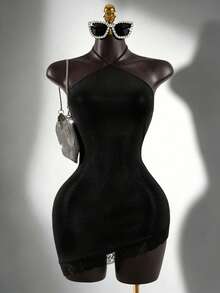 SaltGleam SaltGleam Women's Elegant Sexy Lace Patchwork Asymmetric Hem Backless Halter Mini Dress Club Night Out Black Summer - Black - View 1