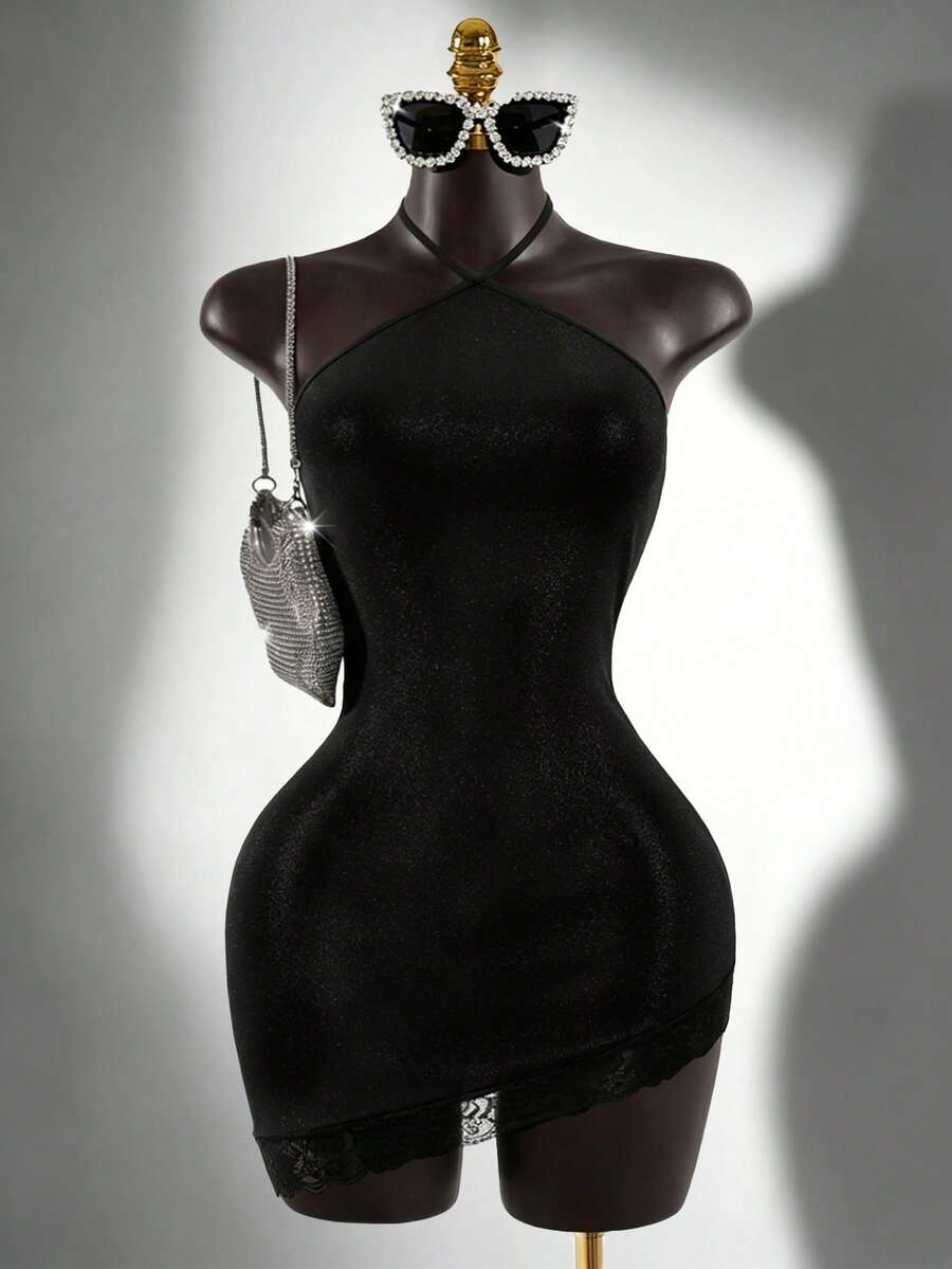 SaltGleam SaltGleam Women's Elegant Sexy Lace Patchwork Asymmetric Hem Backless Halter Mini Dress Club Night Out Black Summer - Black - View 1
