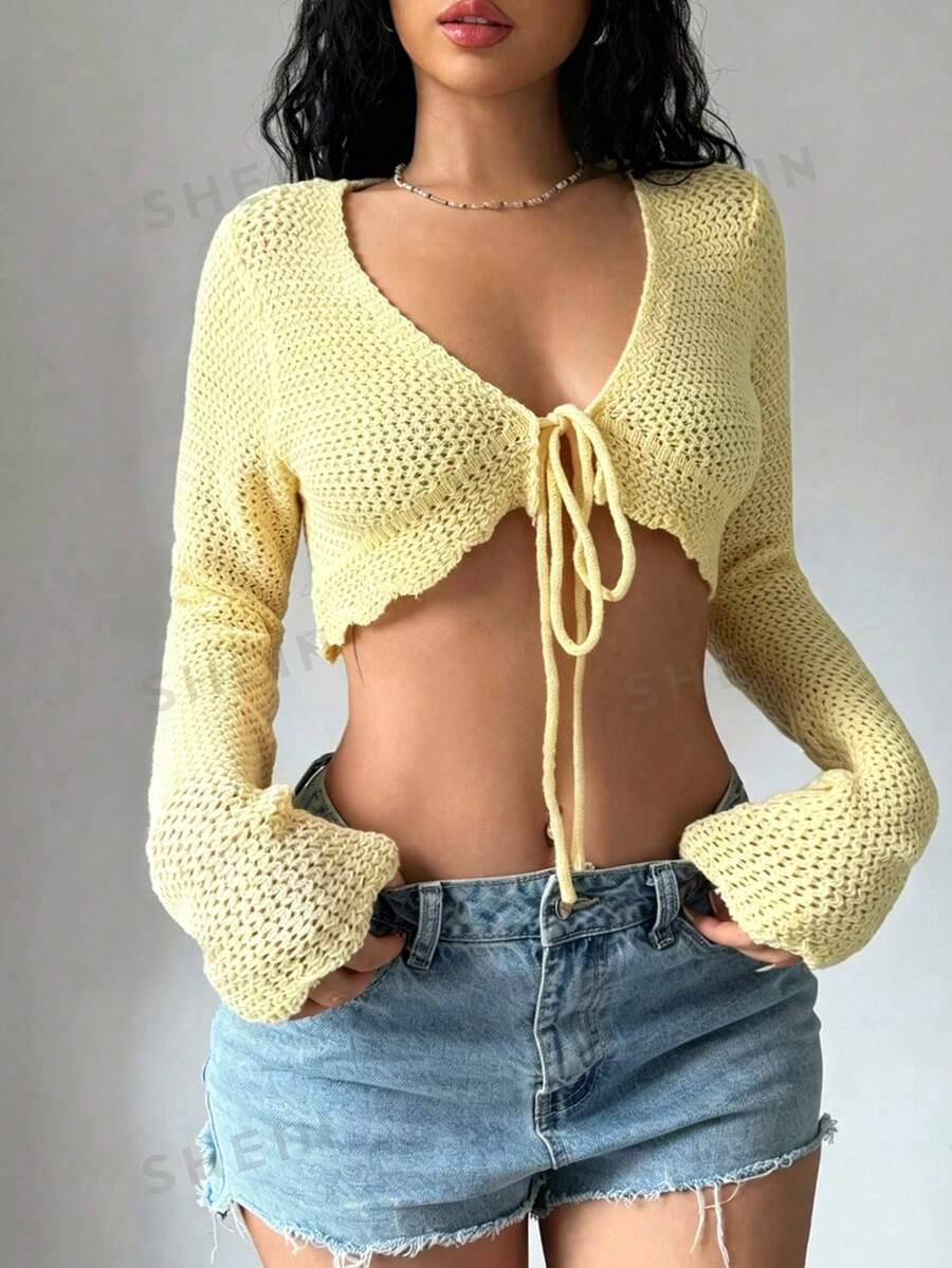 SHEIN Unity 女款純色長袖前綁帶短版開襟衫 - 淡黃色 - 查看 1