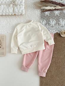 SHEIN 2pcs/Sets Fall Outfits For Girl Casual Style Suit,Long Sleeves Top&Long Pants - Pink - View 3