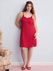 Elorette Heart-Print Red Dress Plus Size Women Knitted Ribbed Red Heart Print Contrast Lace Bow Cute Sleepwear Slip Dress, Suitable For Holidays And Celebrations Red Night Dress - Red - View 6