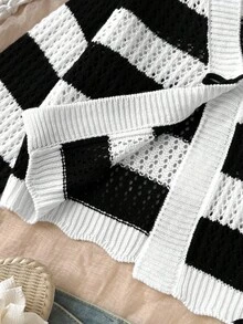 SHEIN 青少年女孩條紋針織開襟衫，適合居家、休閒外出、海灘度假、聚會等場合，舒適百搭柔軟，青少年女孩秋冬穿搭 - 白色 - 查看 4