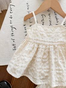 SHEIN LMoss Kids 女嬰可愛夏季碎花細肩帶上衣與彈性腰長褲套裝 - 米色 - 查看 4