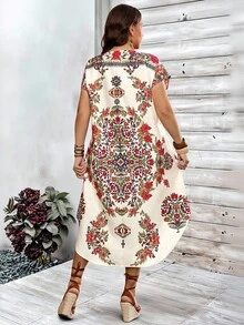 EMERY ROSE Plus Size Women Floral V-Neck Short Sleeve Elegant Boho Dress Summer Spring Clothing Country Style Vacation Beige - Multicolor - View 2