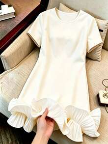 Formidée Plus Size Women's Round Neck Short Sleeve Ruffle Hem Casual Dress - Apricot - View 3