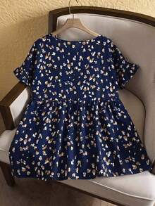Rusticease Kemeja Ukuran Besar Gaya Resor Kasual Lengan Berkerut dengan Motif Seluruh Permukaan, Pakaian Musim Panas untuk Wanita/Musim Panas, Pakaian Liburan Tropis Wanita - Navy Blue - View 2