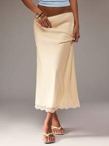 SHEIN BAE Women's Beige/Cream Solid Color Lace Trim Spliced Midi Satin Skirt, Suitable For Vacation, Beach Date, Party, Brunch, Commute, Wedding Guest Wear. - Apricot - View 5