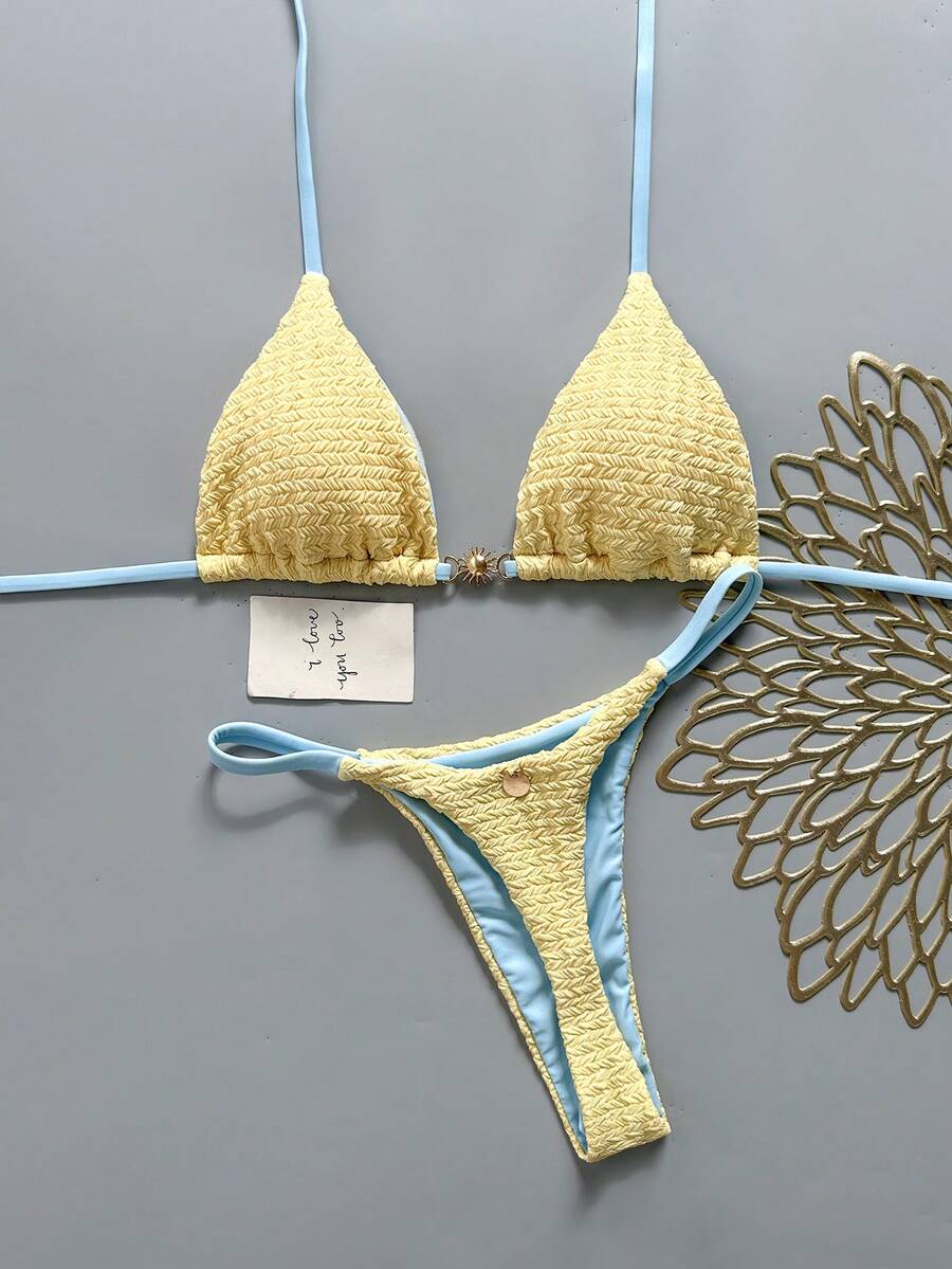 Swim Mod Damen Bikini-Badeanzug-Set aus 2 Teilen für Frühling/Sommer, neu, aus Spezialstoff mit Metalldekor, V-Ausschnitt, Neckholder, rückenfrei, Dreiecksform und Nieten - Gelb - Übersicht 1