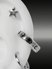 MortiRose 6pcs Minimalist Metal Black Drip Oil Star Hoop Earrings & Stud Earrings Set, Multi-Piece Earring Set For Party - Black Star - View 2
